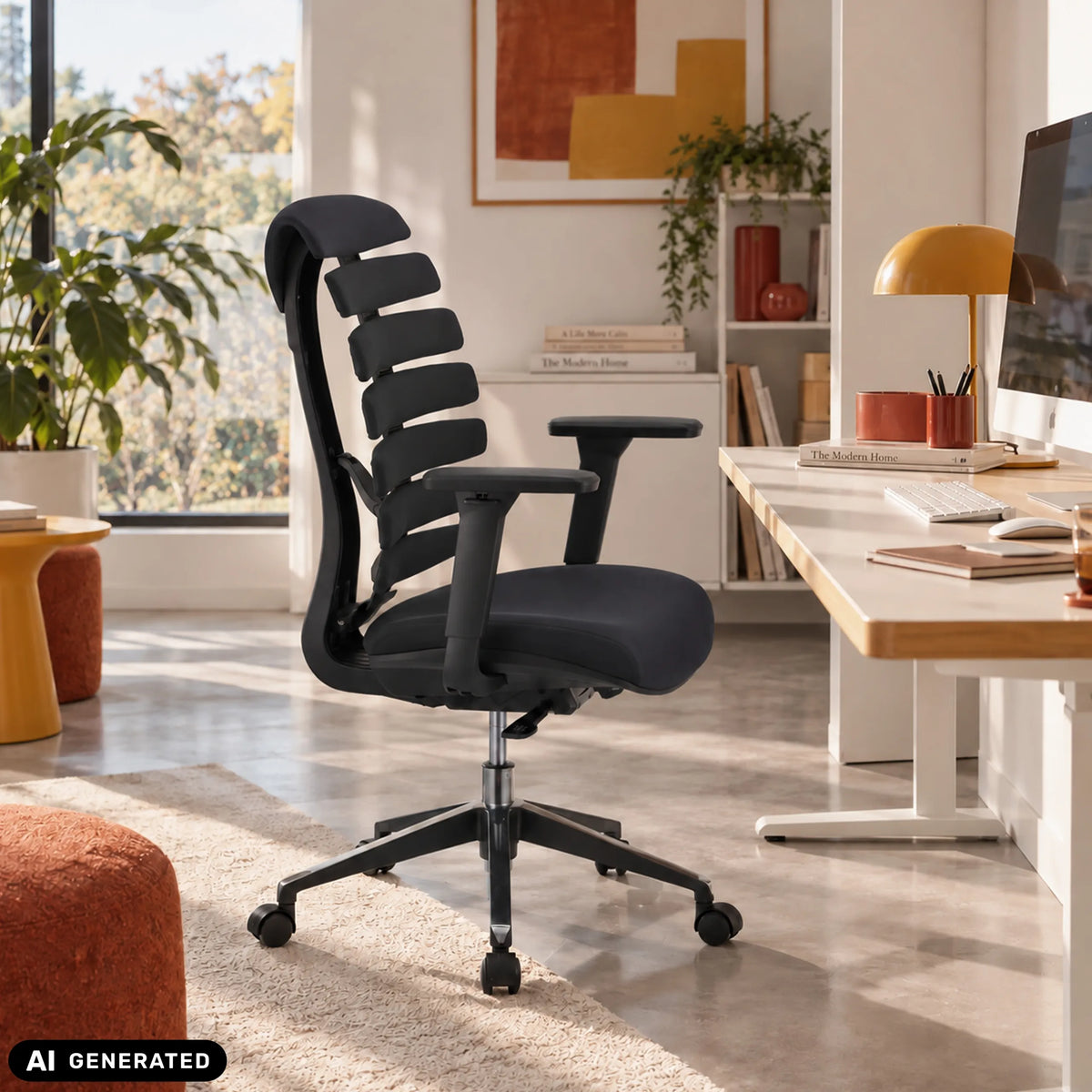 Silla de oficina profesional ERGO LINE II en color negro con respaldo segmentado y base con ruedas de hjh OFFICE (imagen generada por IA)