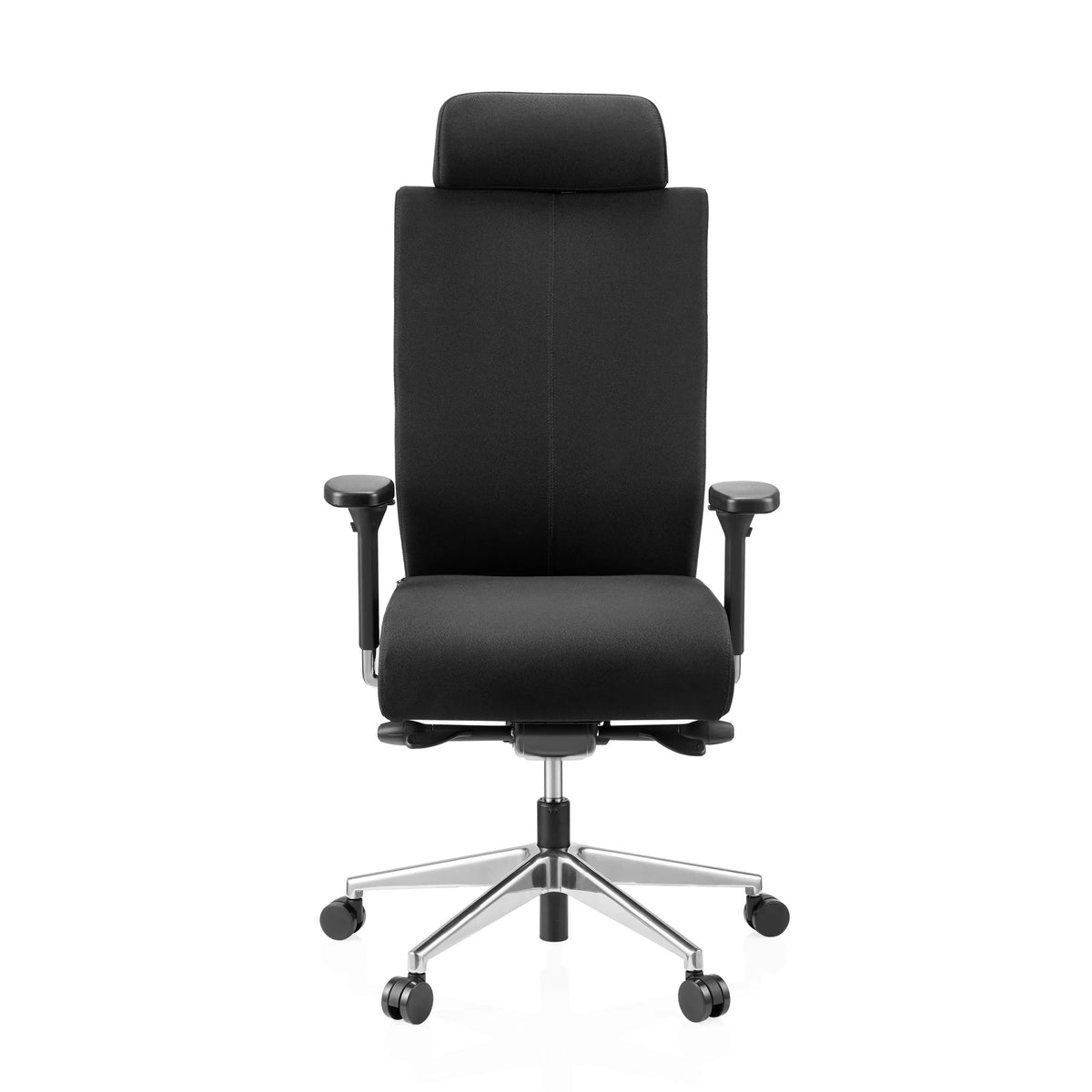 Silla de oficina profesional PRO-TEC XXL negra con tapizado de tela, reposacabezas y base de cinco ruedas de hjh OFFICE – vista de 360° (vista frontal 0°)