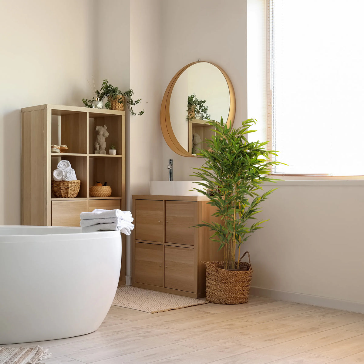 Planta artificial verde BAMBUS II en una cesta tejida junto a un lavabo de baño de hjh OFFICE