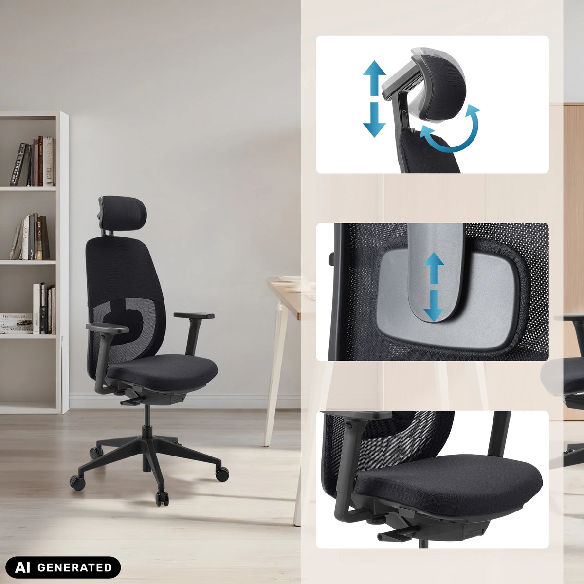 Reposacabezas y soporte lumbar ajustables de la silla de oficina profesional Skandis Pro de hjh OFFICE (imagen generada por IA)