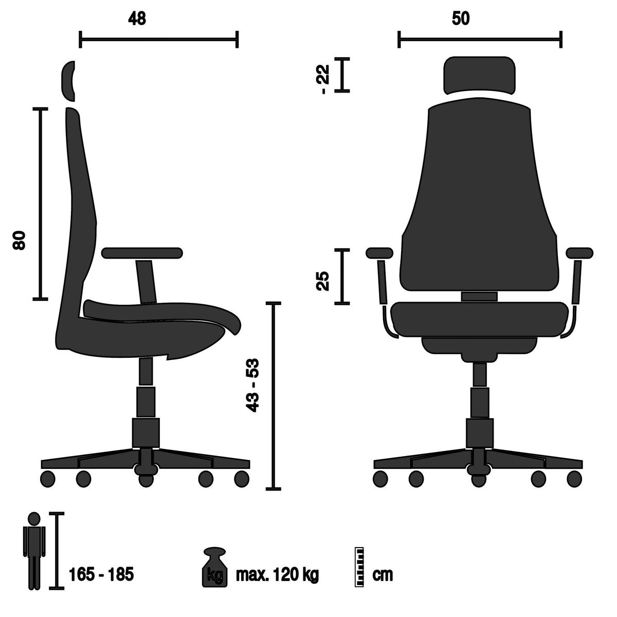Dibujo técnico de la Silla gaming GAME SPORT PRO con una carga máxima de 120 kg de MyBuero