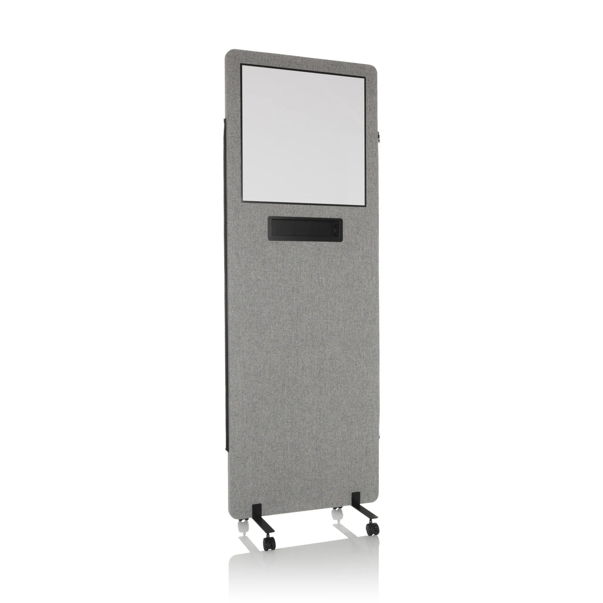 Hellgraue Trennwand FLEXMIUT WB mit integriertem Whiteboard und Rollen von hjh OFFICE – 360-Grad-Ansicht (Frontansicht 15°)