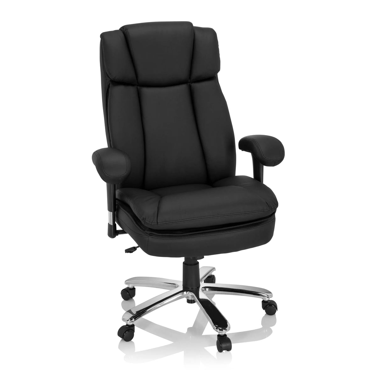 Silla giratoria BUILDER XXL I negra de cuero sintético con base de estrella y cinco ruedas de hjh OFFICE – vista de 360° (vista frontal 20°)