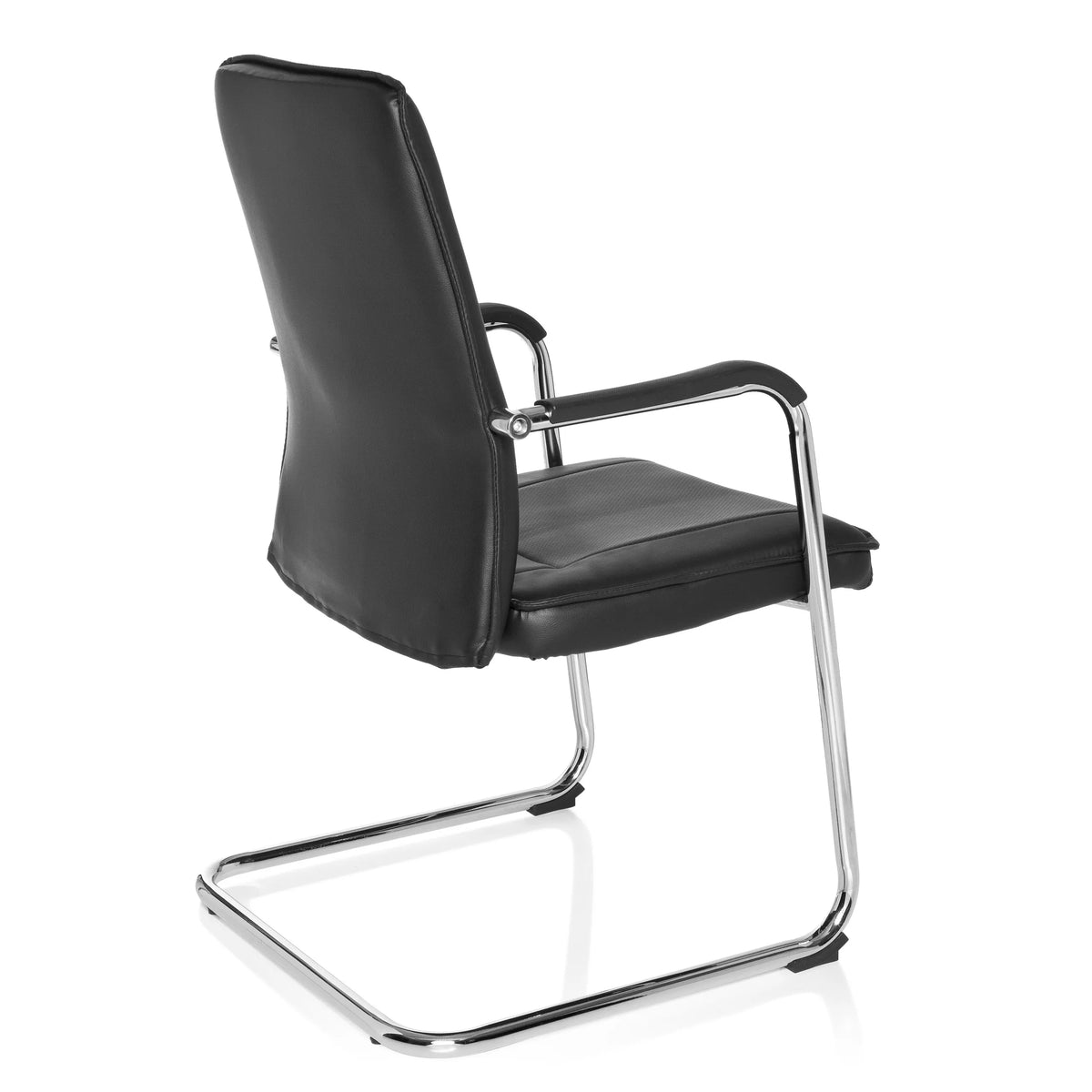 Silla viga voladiza TILA negra con reposabrazos y estructura cromada de hjh OFFICE – vista de 360° (vista trasera en diagonal 120°)