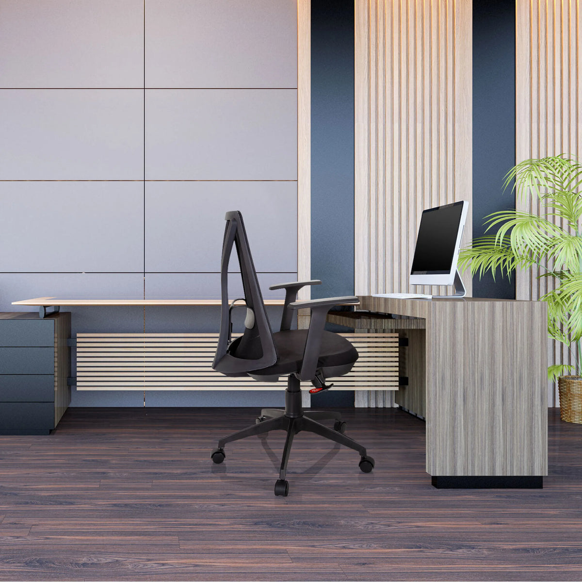 Silla Home Office FALUN BASIC negra con respaldo de malla y reposabrazos de hjh OFFICE