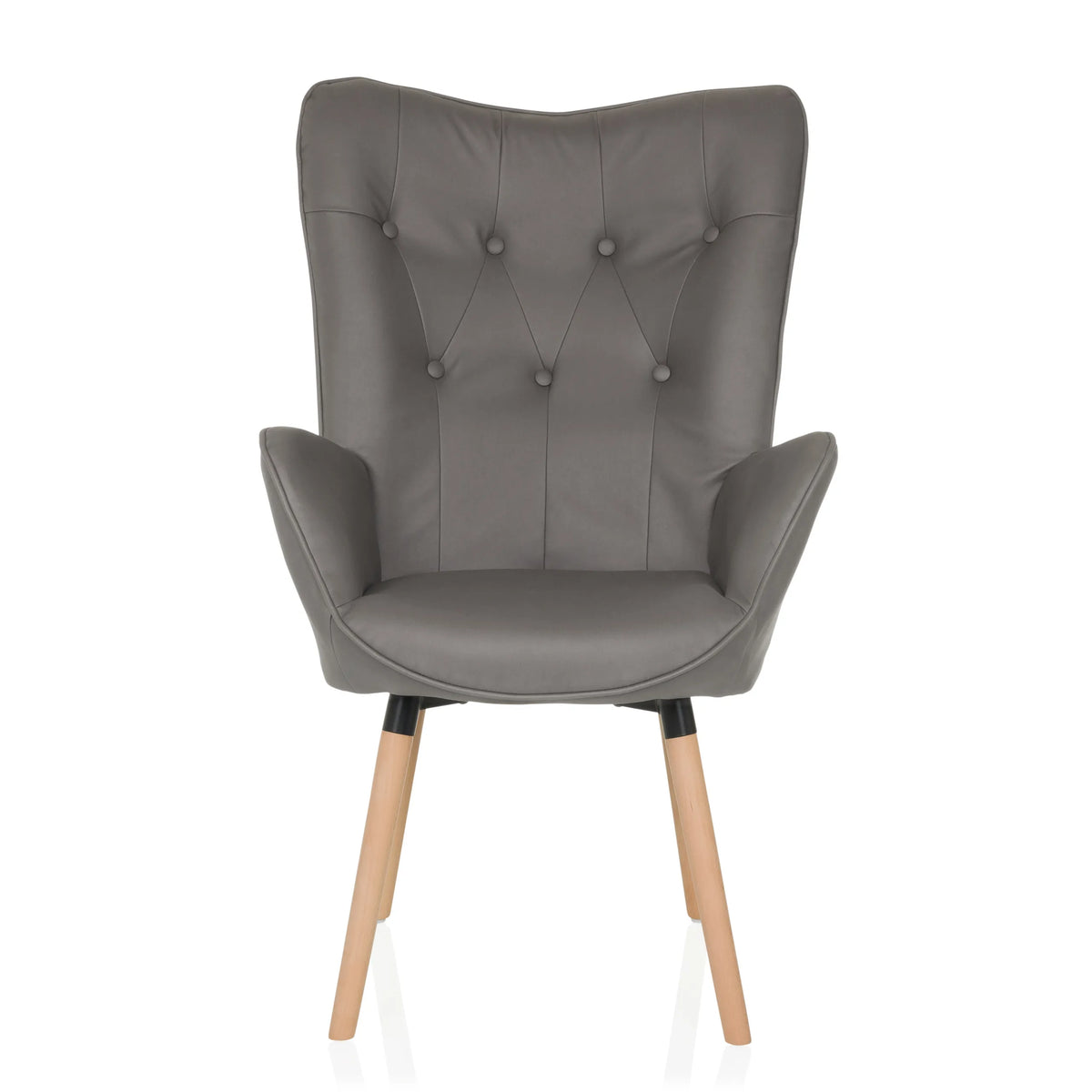 Sillón tapizada gris HAVENIO I con capitoné, reposabrazos y cuatro patas de madera de hjh LIVING – vista de 360° (vista frontal 0°)