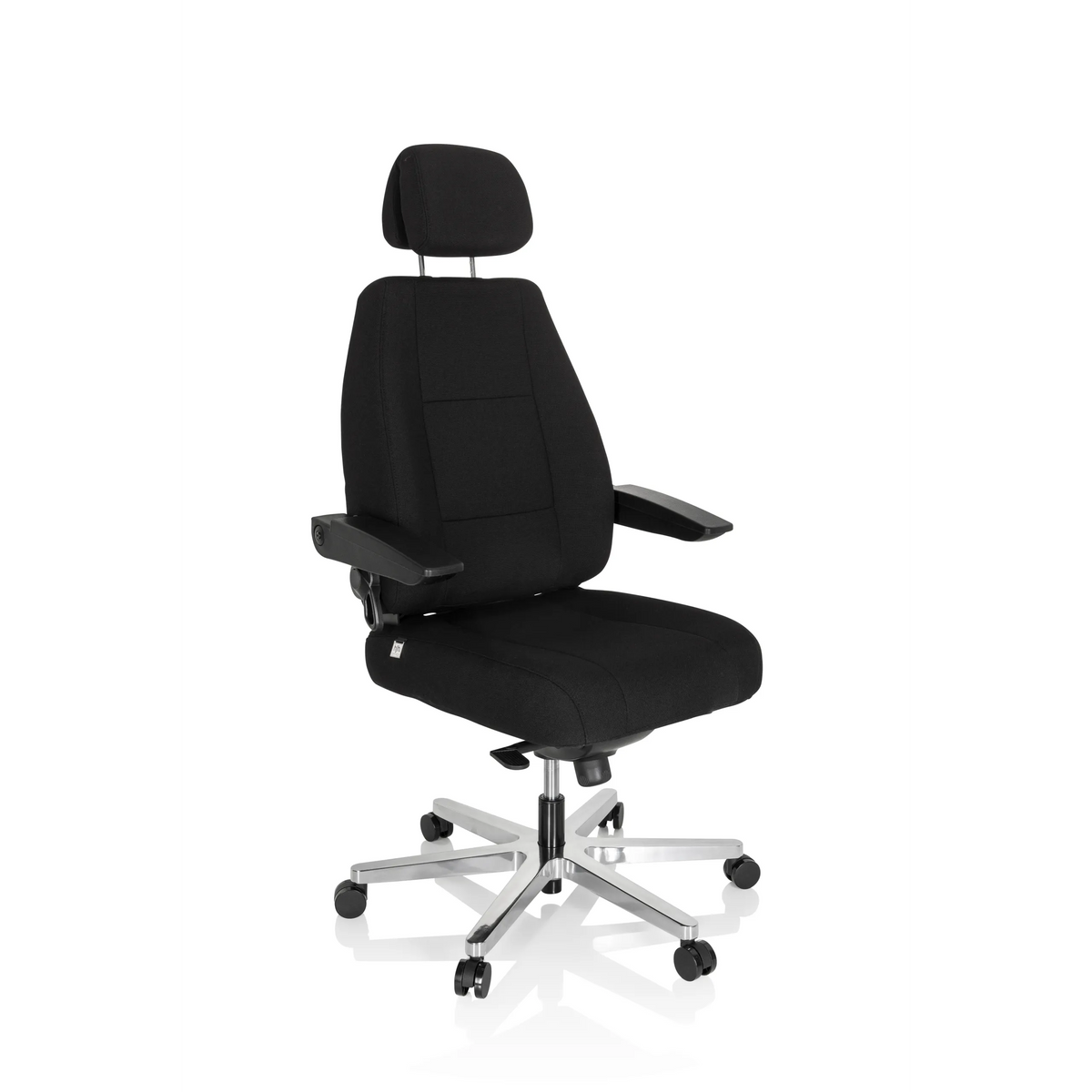 Silla giratoria XXL 24 HOURS I negra con reposacabezas y base de cinco ruedas de hjh OFFICE – vista de 360° (vista frontal en diagonal 40°)