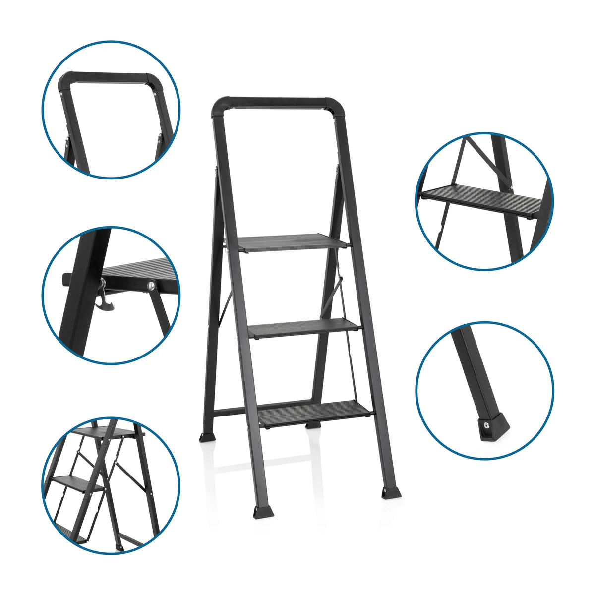 Escalera plegable SOLID W6 negra con tres peldaños, pasamanos y pies antideslizantes de hjh OFFICE
