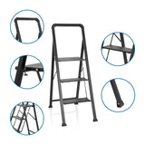 Escalera plegable SOLID W6 negra con tres peldaños, pasamanos y pies antideslizantes de hjh OFFICE
