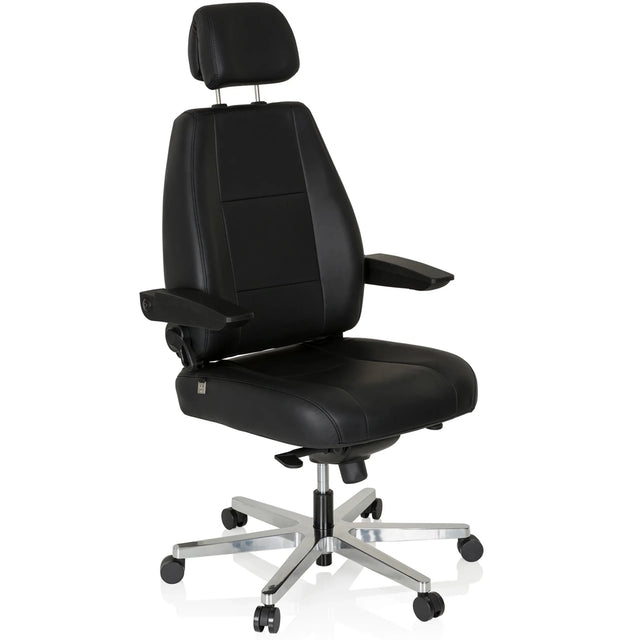 Silla giratoria XXL 24 HOURS de cuero negro con reposacabezas y base brillante de hjh OFFICE