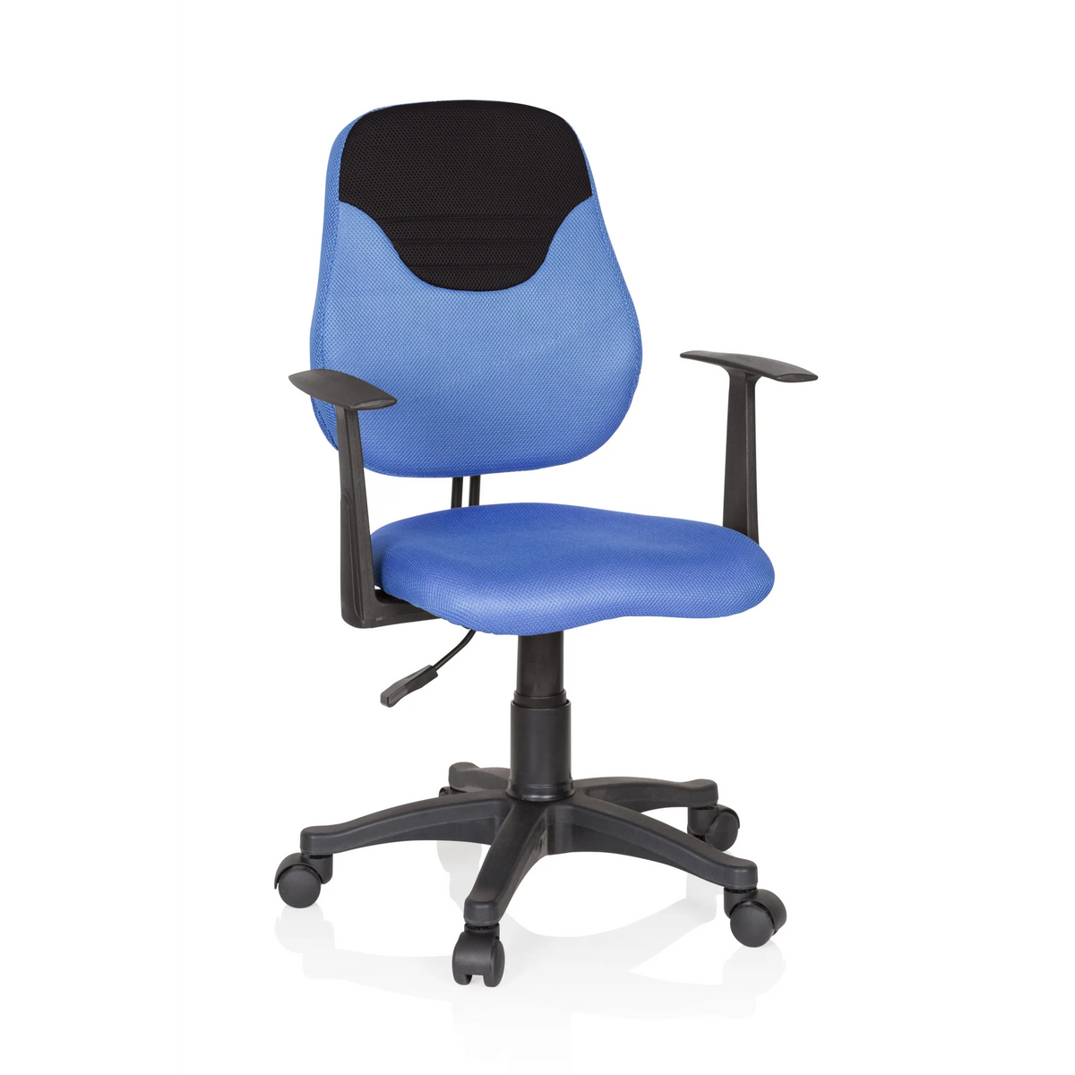 Silla giratoria para niños KIDDY STYLE azul con respaldo de malla, reposabrazos y base de cinco ruedas de hjh OFFICE – vista de 360° (vista frontal 20°)