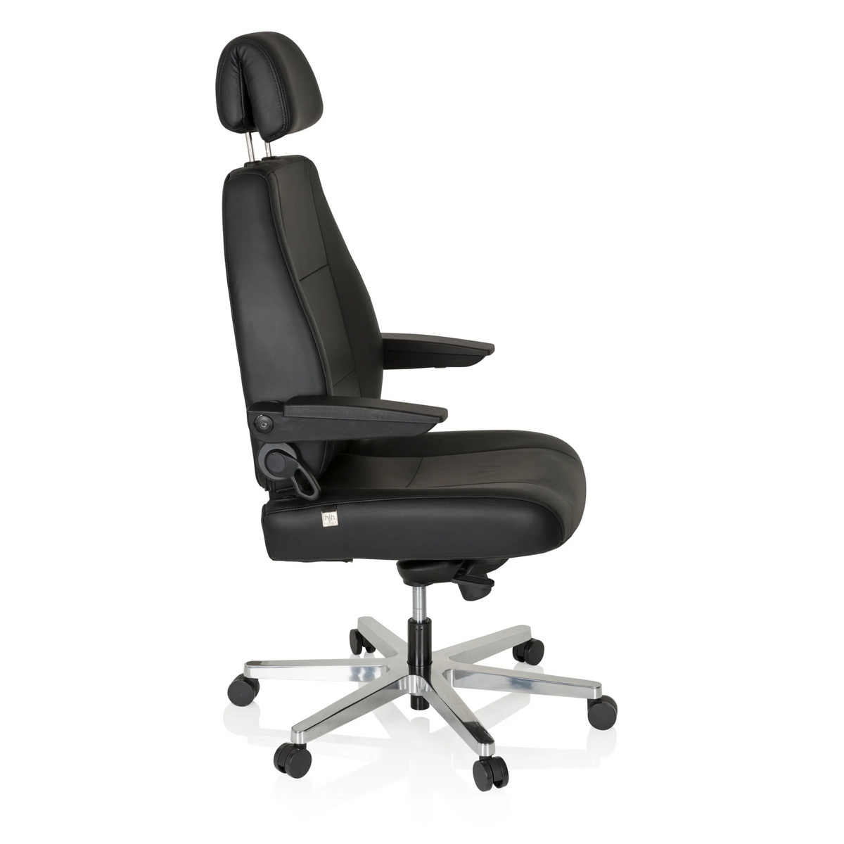 Silla giratoria XXL 24 HOURS negra de cuero con reposacabezas y base de cinco ruedas de hjh OFFICE – vista de 360° (vista lateral 80°)