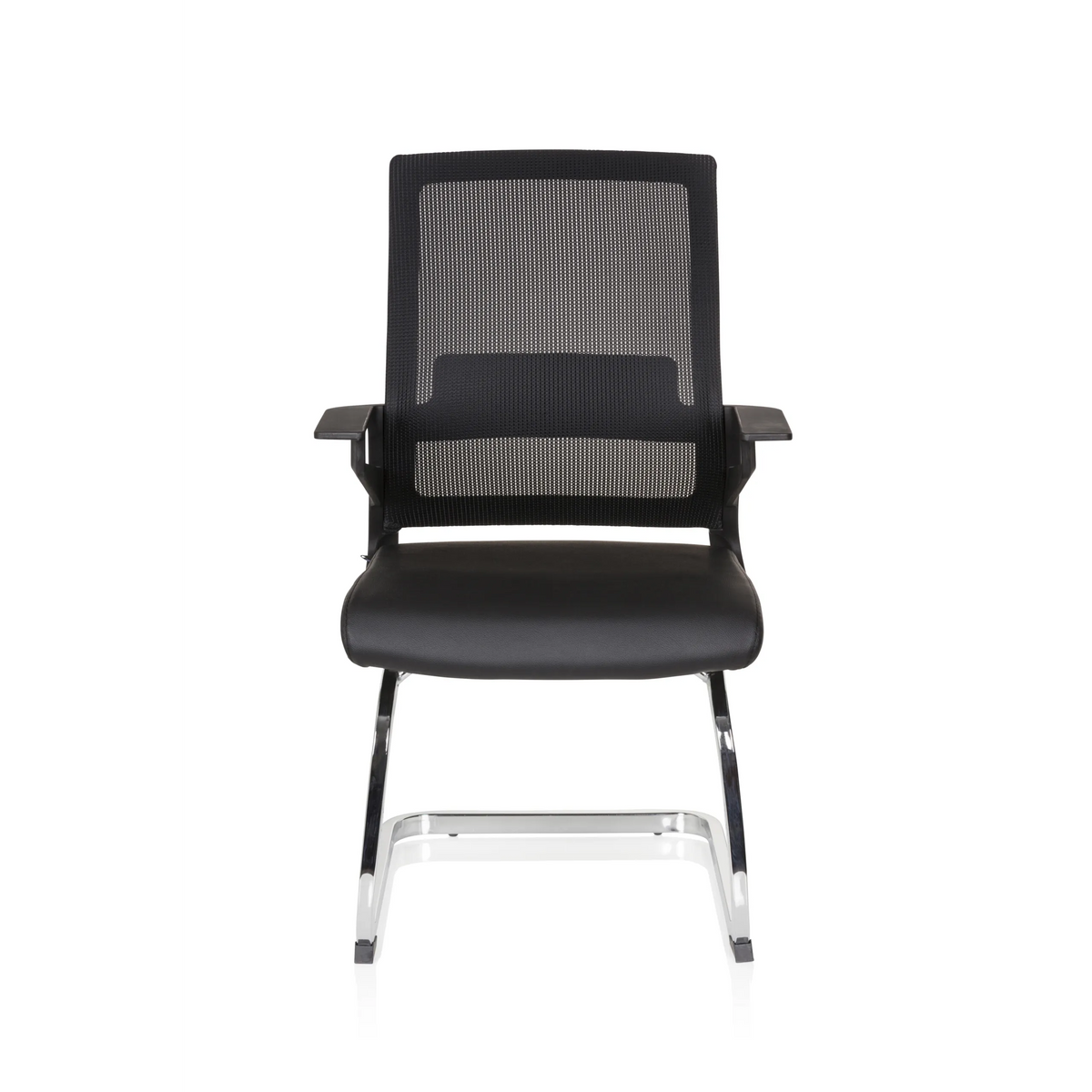 Silla de viga voladiza INVENTOR V PRO negra con respaldo de malla, reposabrazos y base de patines de hjh OFFICE – vista de 360° (vista frontal 0°)