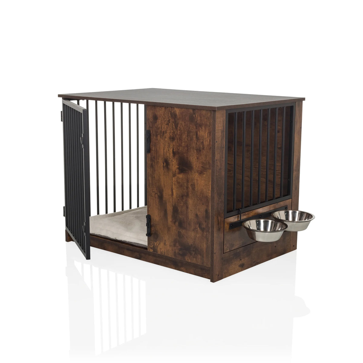 Transportín para perros PAWHOME S en marrón con barrotes metálicos, una puerta abierta y dos cuencos de comida integrados de hjh LIVING