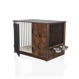 Transportín para perros PAWHOME S en marrón con barrotes metálicos, una puerta abierta y dos cuencos de comida integrados de hjh LIVING