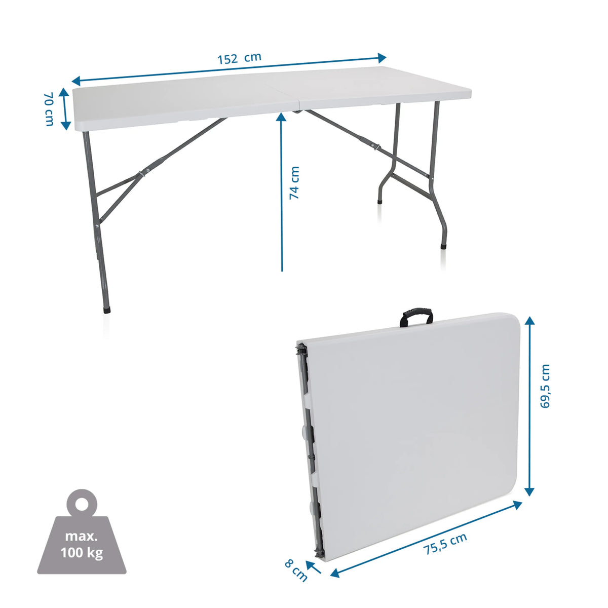 Dibujo dimensional de la mesa plegable EASY UP MULTI II de 152 × 70 cm y una capacidad de carga de 100 kg de hjh OFFICE