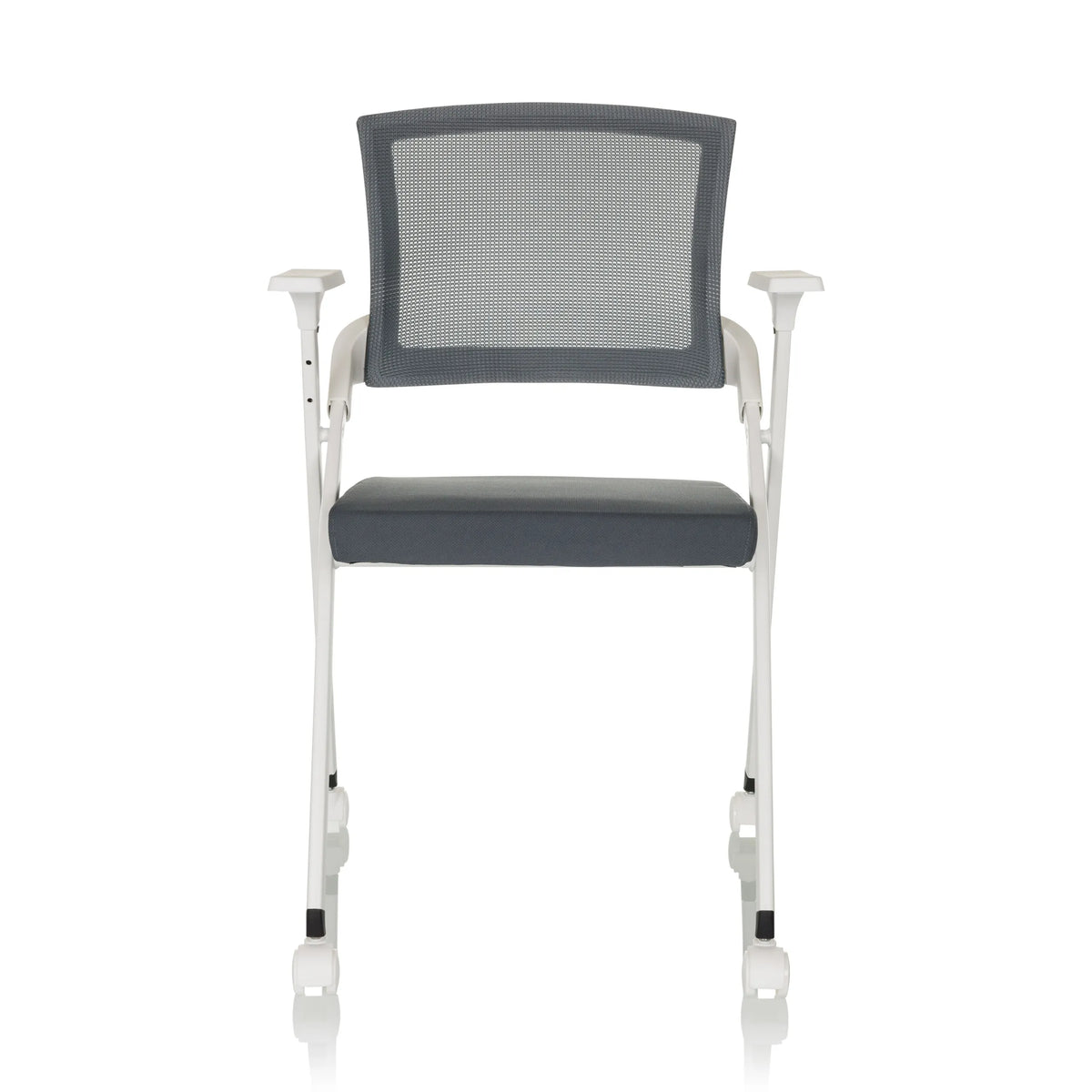 silla plegable PRIORITY II W gris con respaldo de malla, reposabrazos y ruedas de hjh OFFICE – vista de 360° (vista frontal 0°)