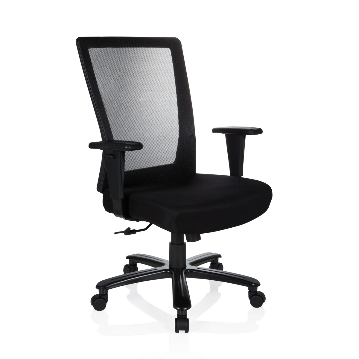Silla giratoria XXL EXTENDER negra con respaldo de malla y base de cinco ruedas de hjh OFFICE – vista de 360° (vista frontal en diagonal 40°)