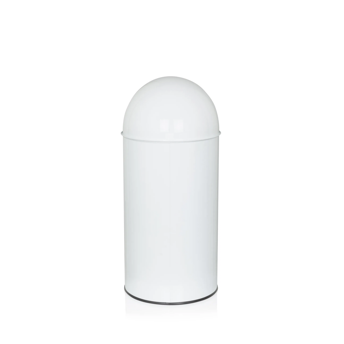Papelera PUSH 35L blanca con parte superior redondeada y abertura de entrada plateada de hjh OFFICE – vista de 360° (vista trasera en diagonal 240°)