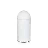 Papelera PUSH 35L blanca con parte superior redondeada y abertura de entrada plateada de hjh OFFICE – vista de 360° (vista trasera en diagonal 240°)