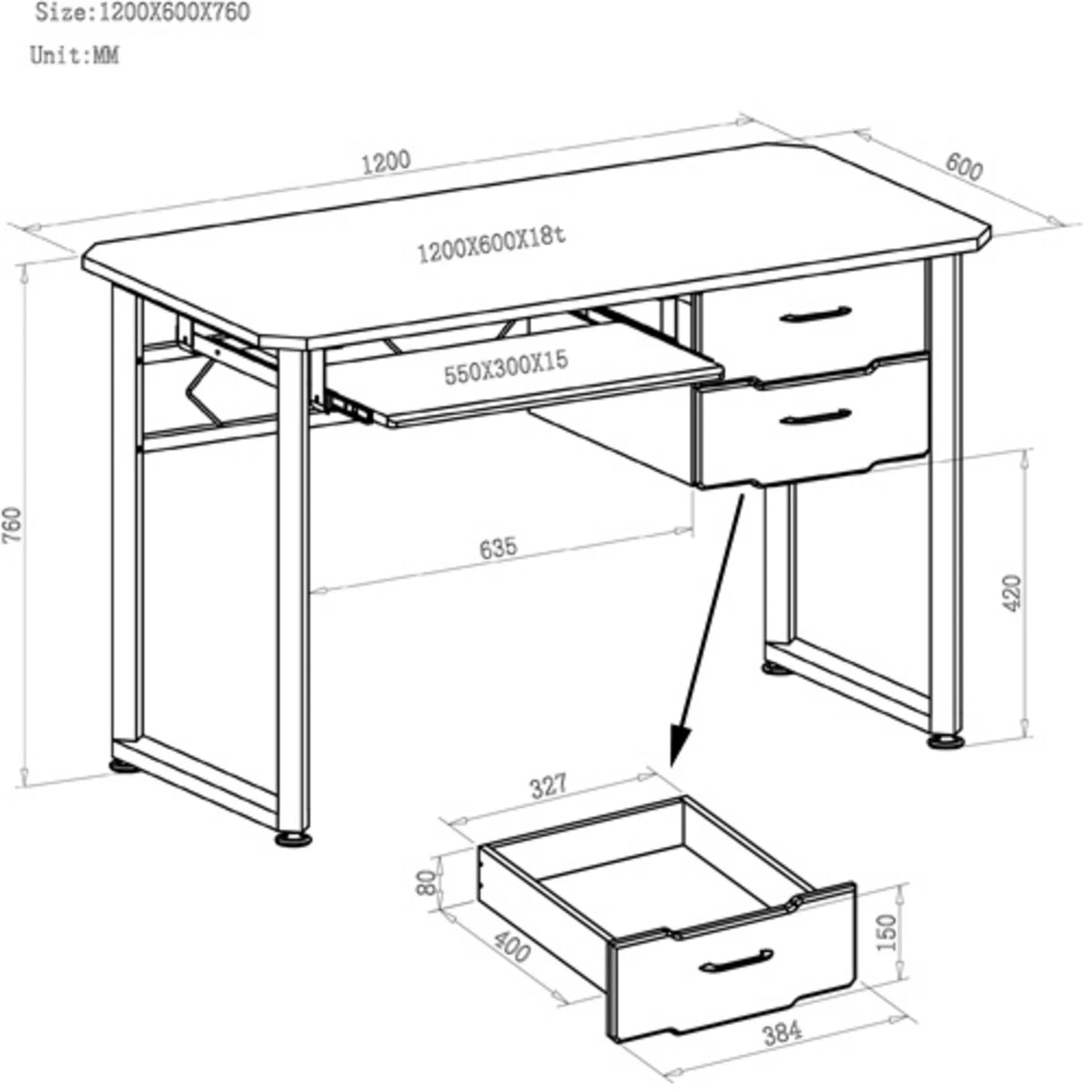 Dibujo técnico del Escritorio WORKFLOW de 120 x 60 cm con bandeja para teclado de hjh OFFICE