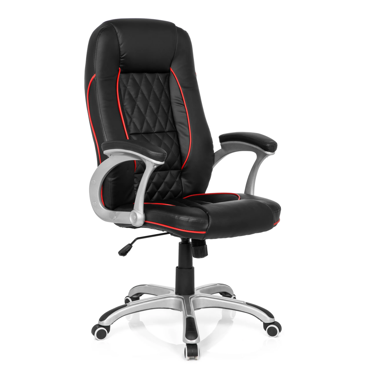 Silla gaming RELAX AB100 negra con costuras decorativas rojas, acolchado y base de cinco ruedas de MyBuero – vista de 360° (vista frontal en diagonal 40°)