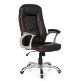 Silla gaming RELAX AB100 negra con costuras decorativas rojas, acolchado y base de cinco ruedas de MyBuero – vista de 360° (vista frontal en diagonal 40°)