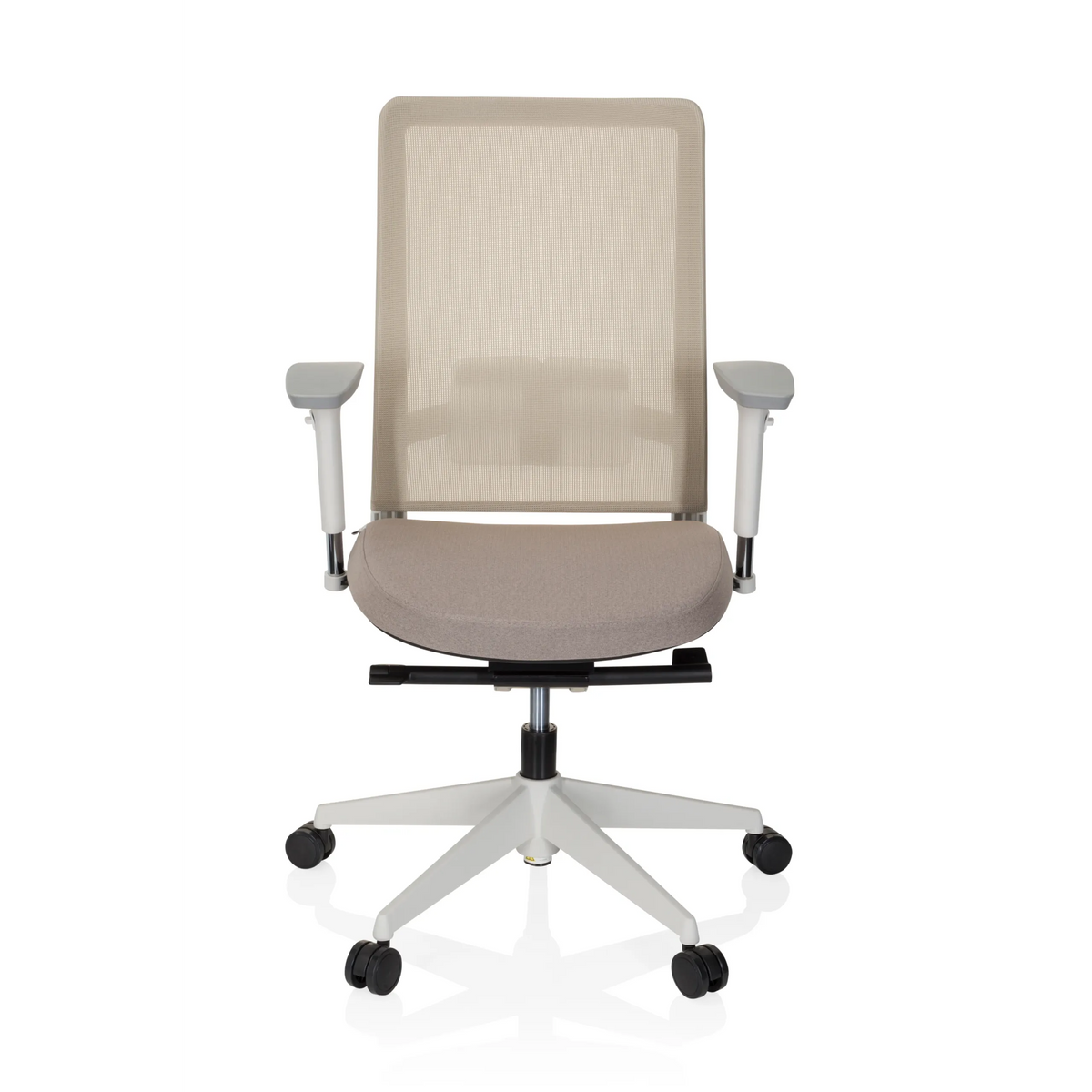 Silla de oficina profesional PURE WHITE beige con respaldo de malla y base de cinco ruedas de hjh OFFICE – vista de 360° (vista frontal 0°)