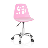 Silla giratoria para niños FANCY I rosa con motivos de huellas en el respaldo y base de cinco ruedas de hjh OFFICE – vista de 360° (vista frontal 20°)