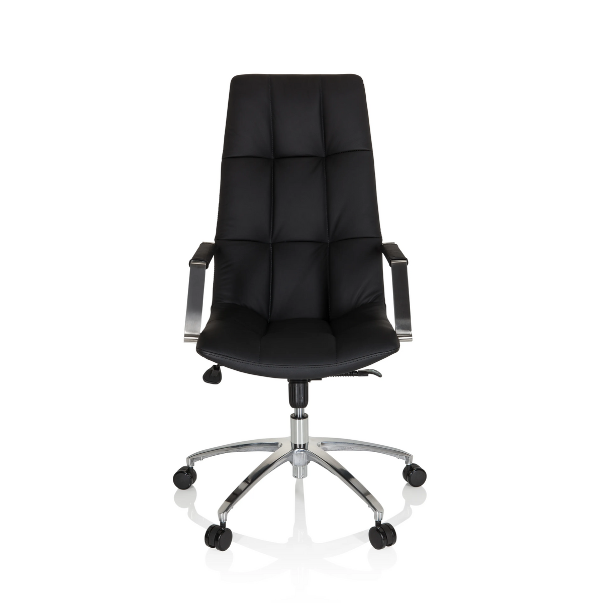 Schwarzer Homeoffice Chefsessel SARANTO PRO aus Leder mit glänzendem Fußkreuz mit fünf Rollen von hjh OFFICE – 360-Grad-Ansicht (Frontansicht 0°)