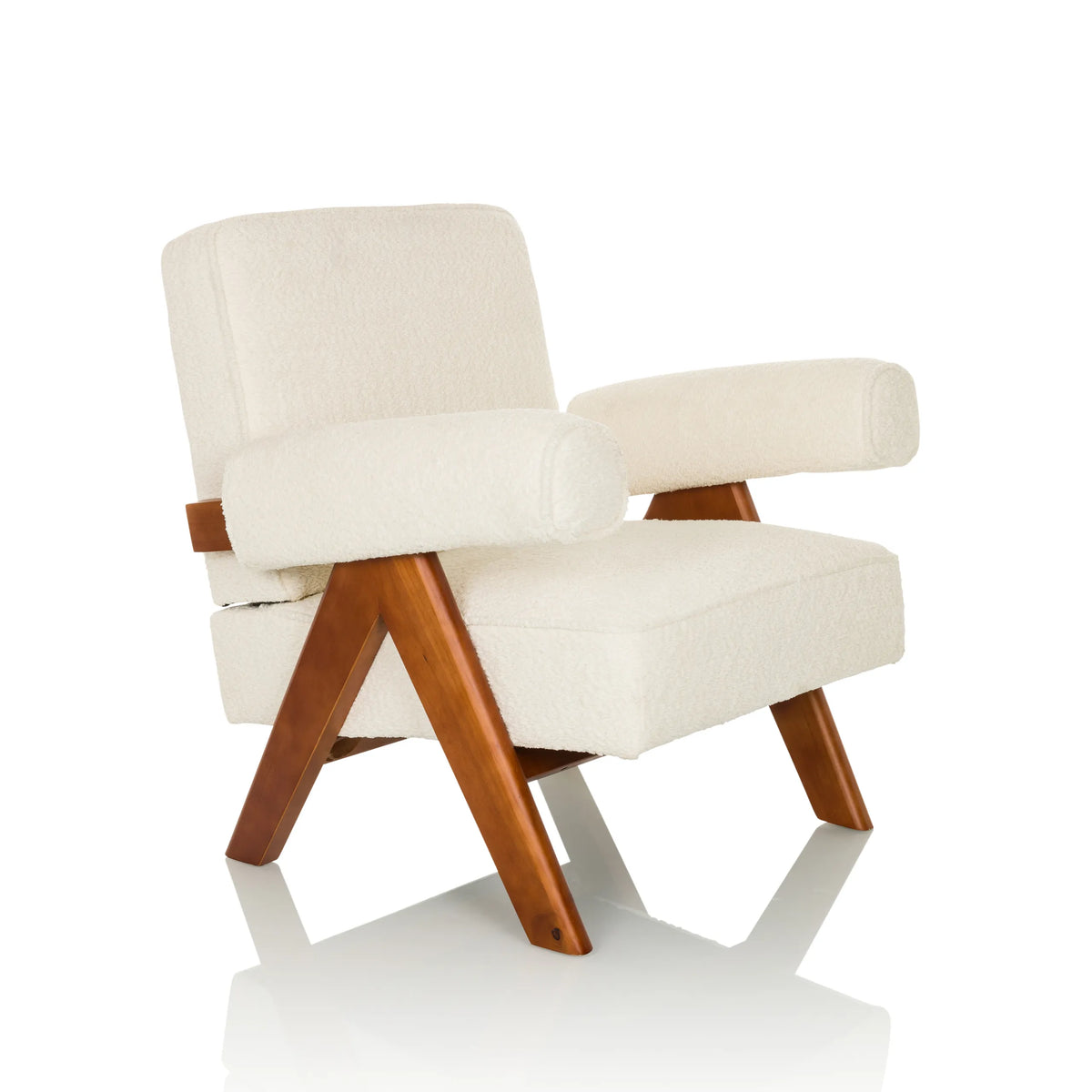 Sillón de diseño POOLY blanco con tapizado estructurado y patas de madera oscura de hjh LIVING – vista de 360° (vista frontal en diagonal 45°)