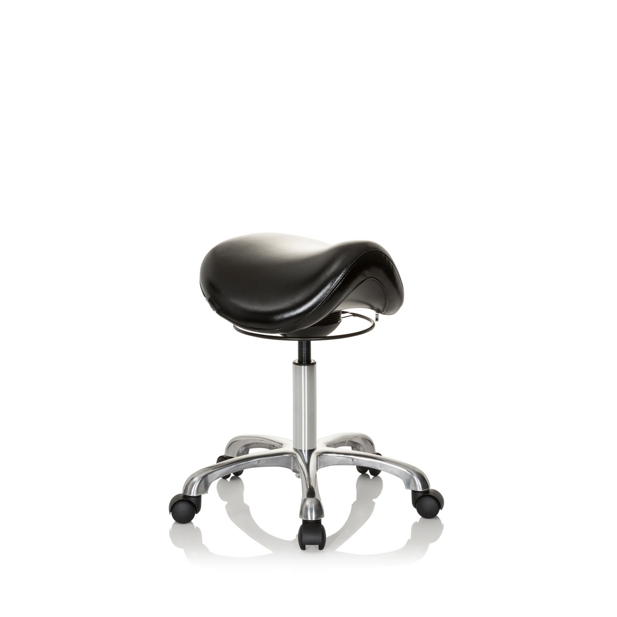Taburete de silla de montar ORTHO SIT negro con cruceta para pies y cinco ruedas de hjh OFFICE – vista de 360° (vista frontal en diagonal 40°)