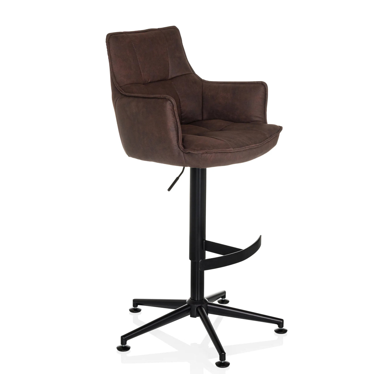 Taburete de bar SOLAO LIFE HIGH marrón con tapizado acolchado y base negra de hjh LIVING – vista de 360° (vista frontal en diagonal 45°)