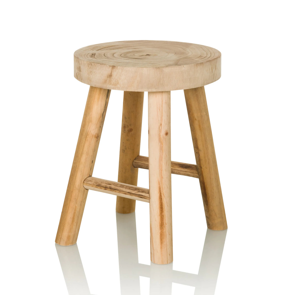 Taburete RUSTIKO W marrón de madera con asiento redondo y travesaños de hjh LIVING – vista de 360° (vista frontal en diagonal 30°)