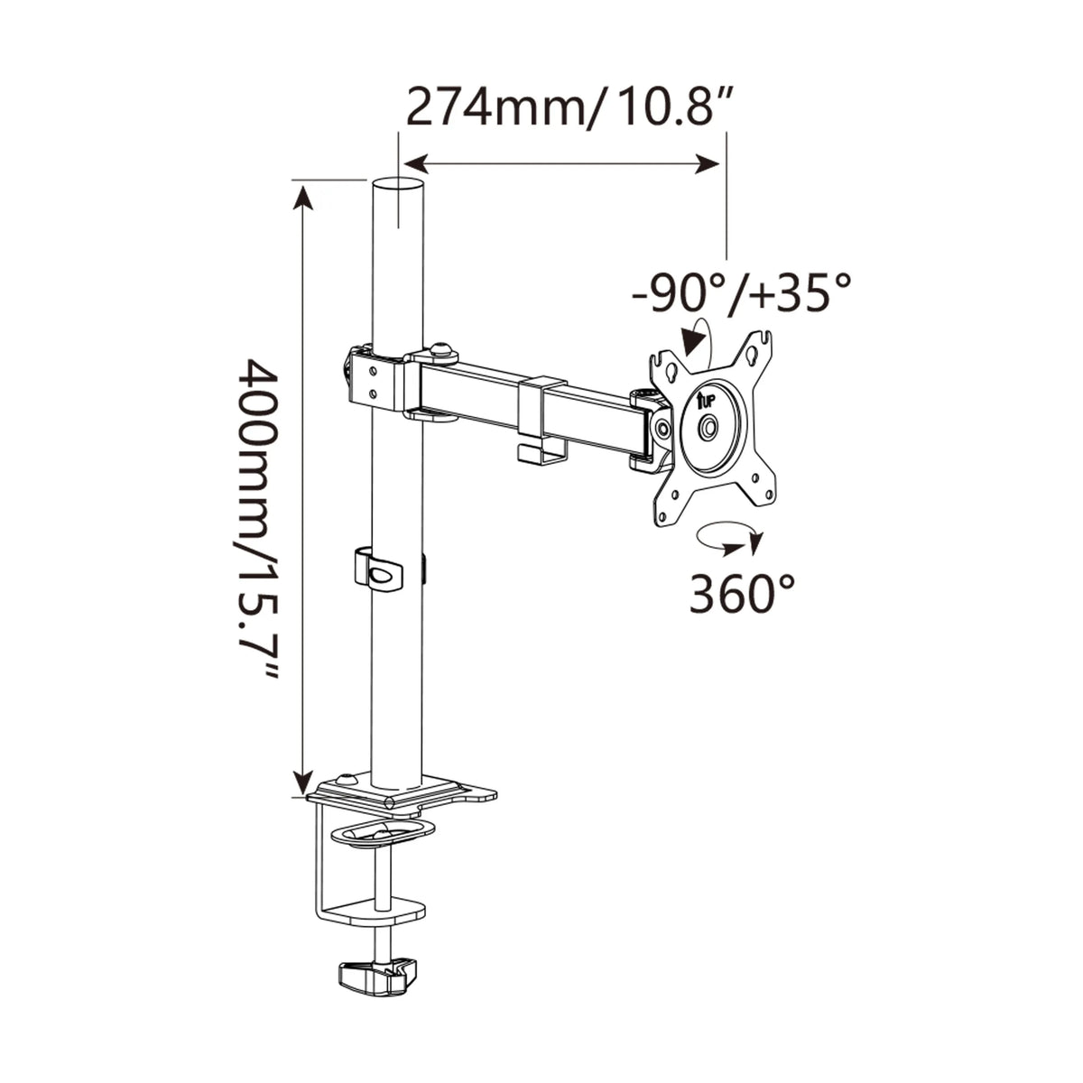 Dibujo técnico del Soporte de monitor Ergomount M1 con una altura de 400 mm de hjh OFFICE