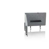 Separador de mesa FLEXMIUT T TOP gris con estante integrado y pinzas de fijación de hjh OFFICE – vista de 360° (vista frontal en diagonal 45°)