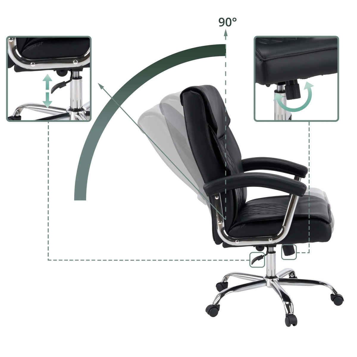 Ajuste de altura y función de inclinación de 90 grados de la Silla Home Office Relax Prestio en negro de MyBuero
