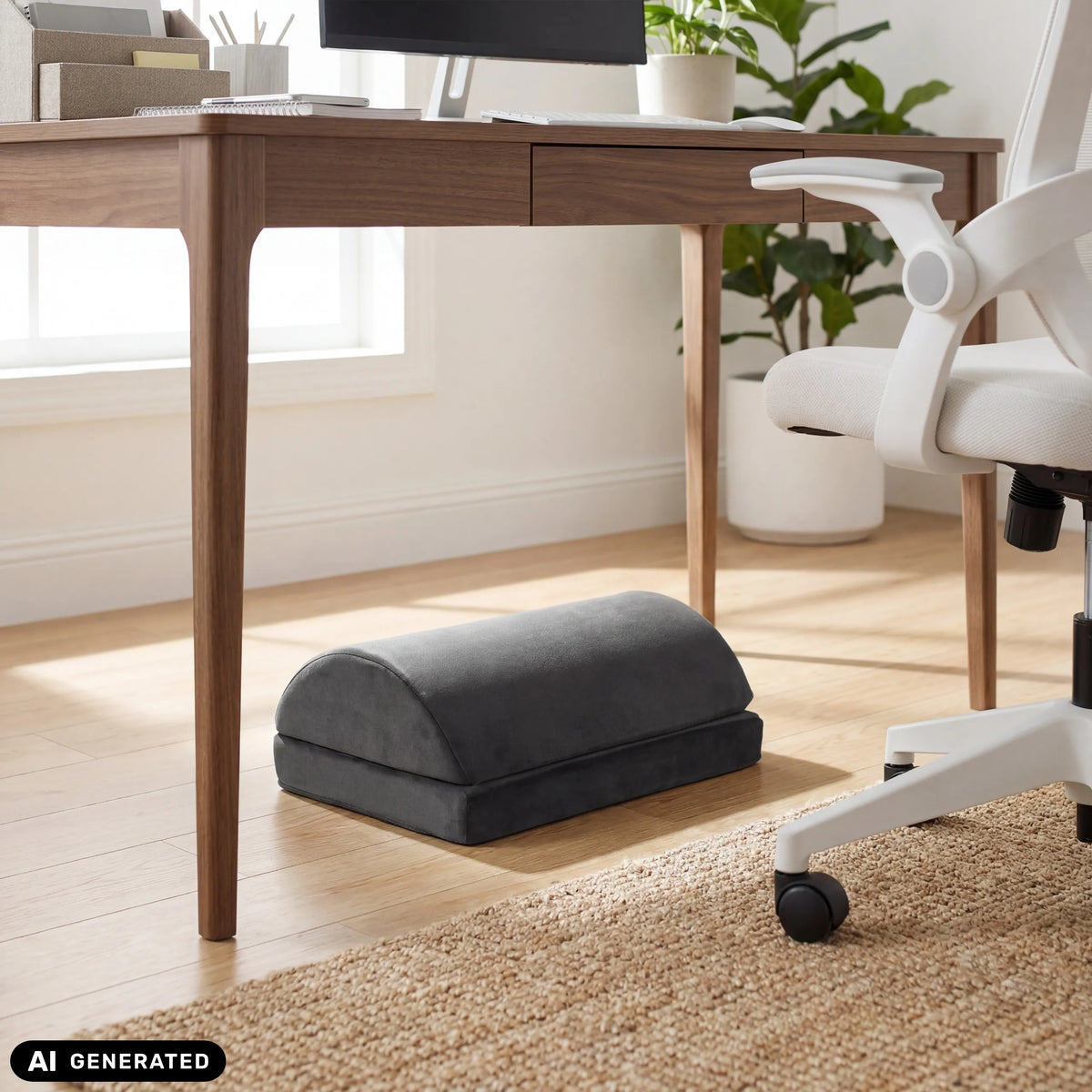 Reposapiés Podi Velvet 1 negro debajo de un escritorio de hjh OFFICE (imagen generada por IA)