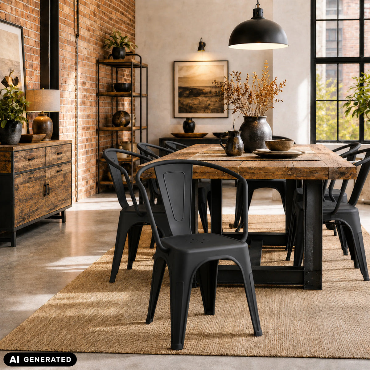 Sillas de comedor Vantaggio Poly negras en una mesa de madera rústica de hjh OFFICE (imagen generada por IA)