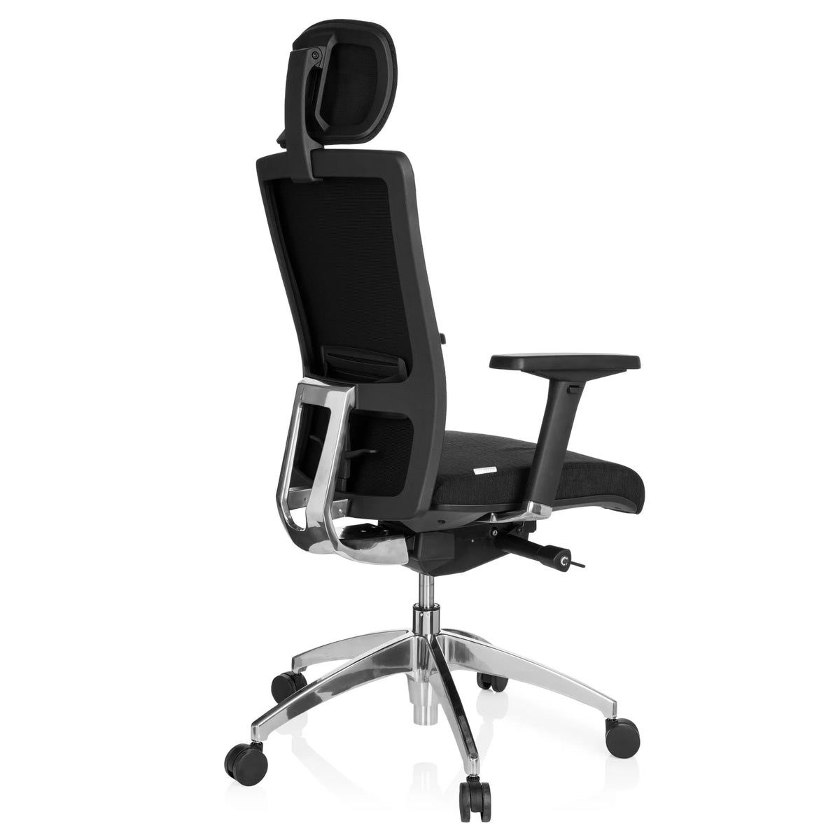 Silla de oficina profesional ASTRA LUX negra con reposacabezas, reposabrazos y base de cinco ruedas de hjh OFFICE – vista de 360° (vista trasera en diagonal 120°)