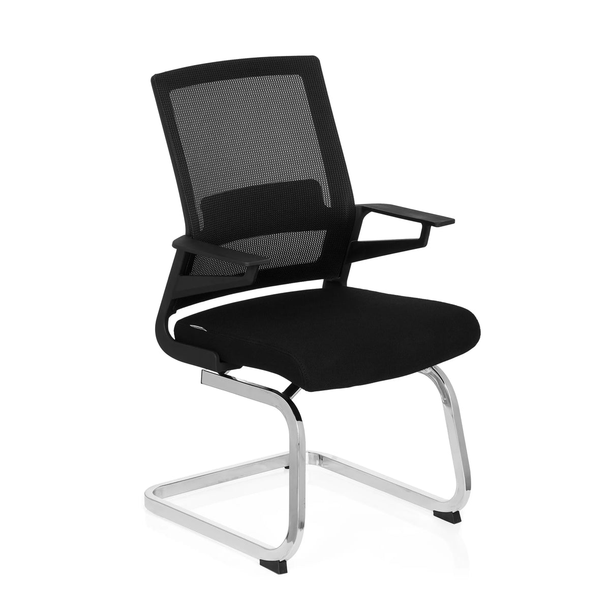 Silla de viga voladiza INVENTOR V negra con respaldo de malla, reposabrazos y base de patín de hjh OFFICE – vista de 360° (vista frontal en diagonal 40°)