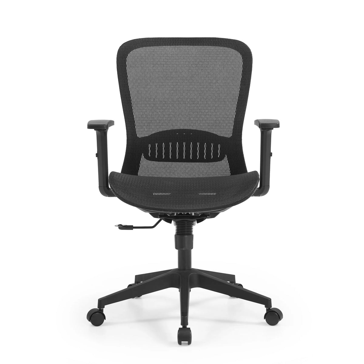 Silla de oficina profesional Air Port 2 negra con asiento y respaldo de malla y base de cinco ruedas de MyBuero – vista de 360° (vista frontal 0°)