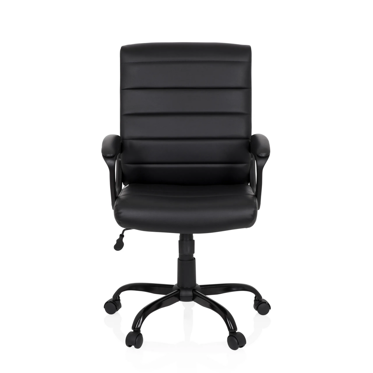 Sillón de oficina Home Office ERGOSMOOTH BIG negro con tapicería acolchada y base de cinco ruedas de hjh OFFICE – vista de 360° (vista frontal 0°)