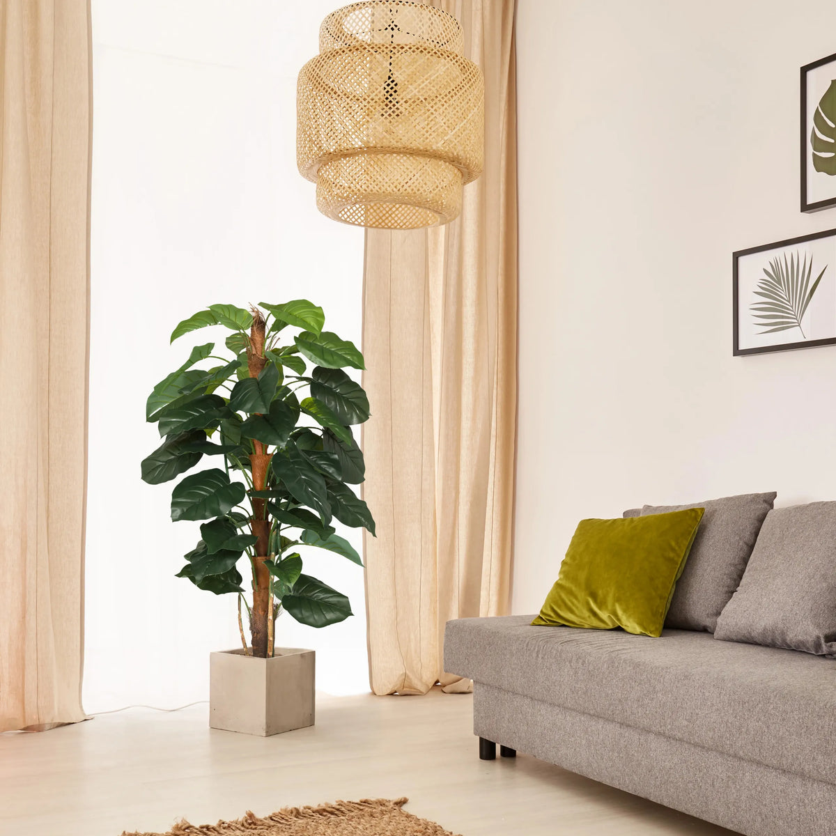 Planta artificial verde EPIPREMNUM en una maceta de hormigón cuadrada de hjh OFFICE