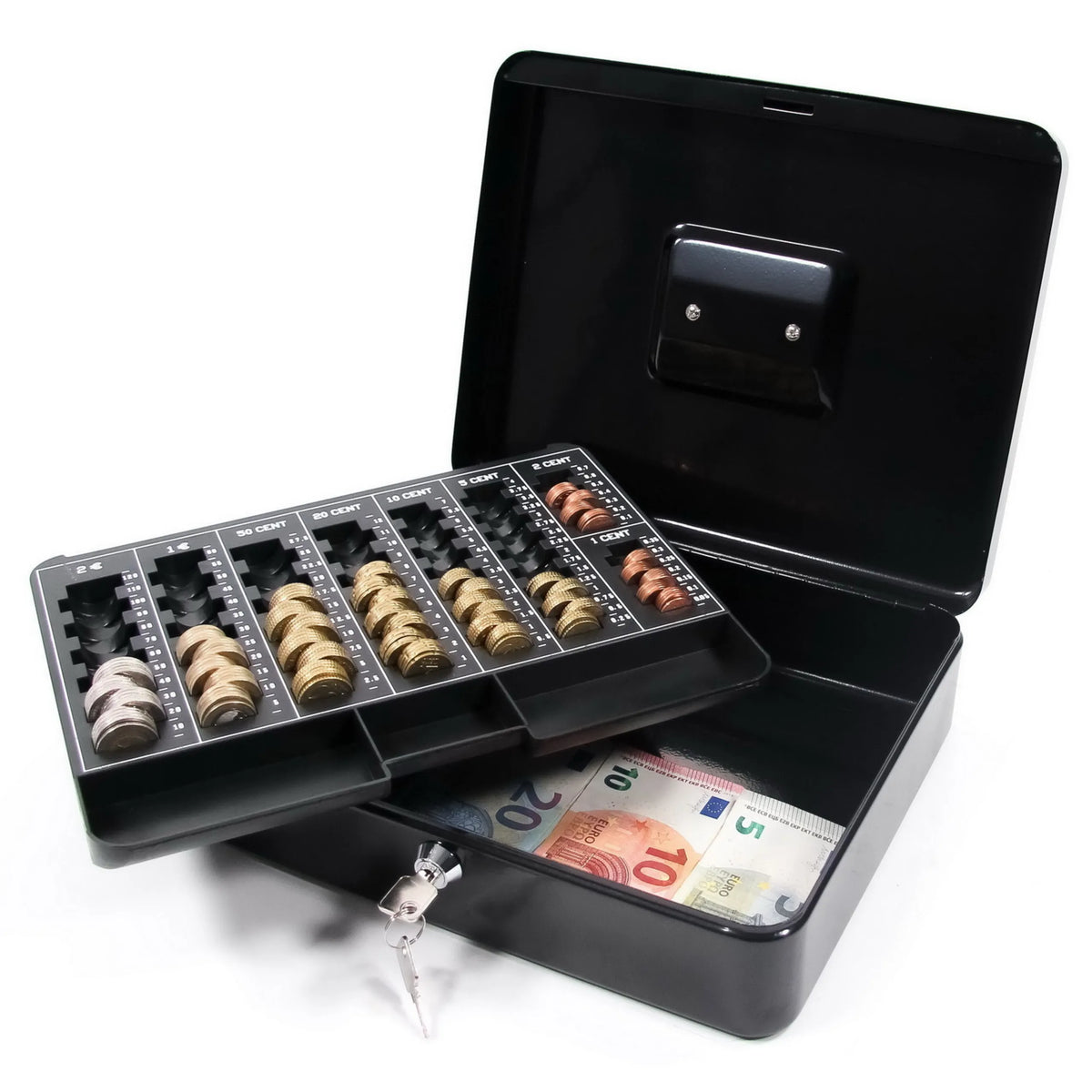 Caja de efectivo SAFE abierta en negro con inserto para monedas y billetes de hjh OFFICE