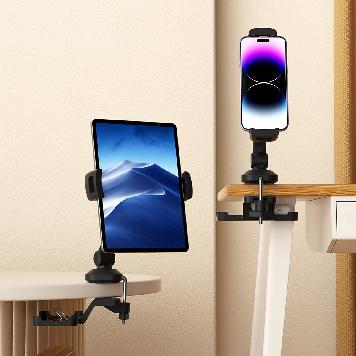 Soporte para teléfono móvil y tableta FLEXMOBI III en negro con fijación a mesa de hjh OFFICE