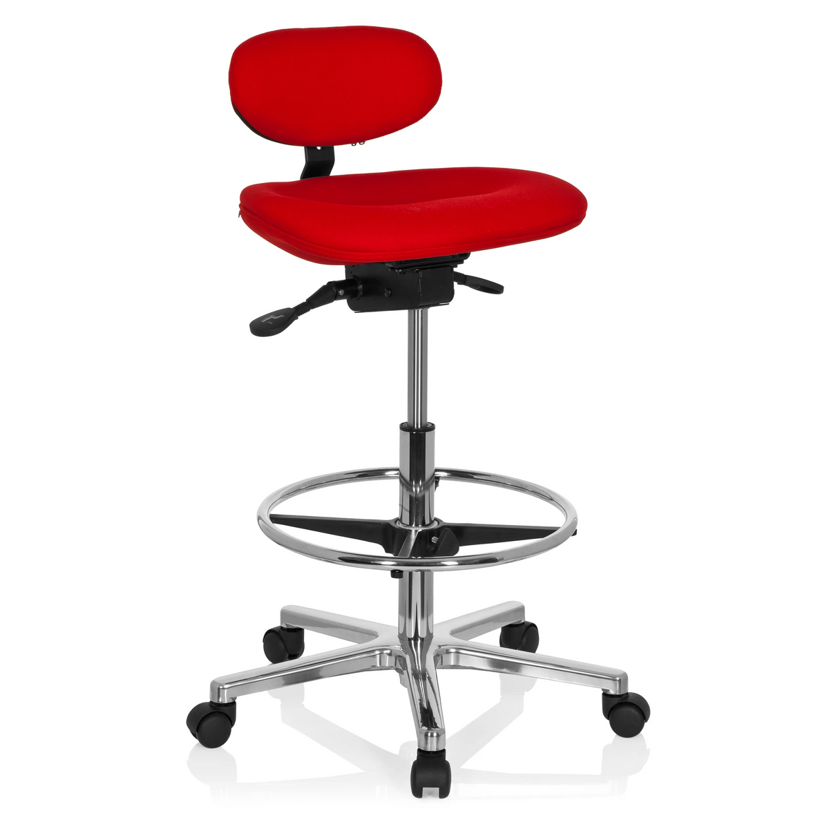 Silla de mostrador WORK MF roja con reposapiés y base de cinco ruedas de hjh OFFICE – vista de 360° (vista frontal en diagonal 40°)