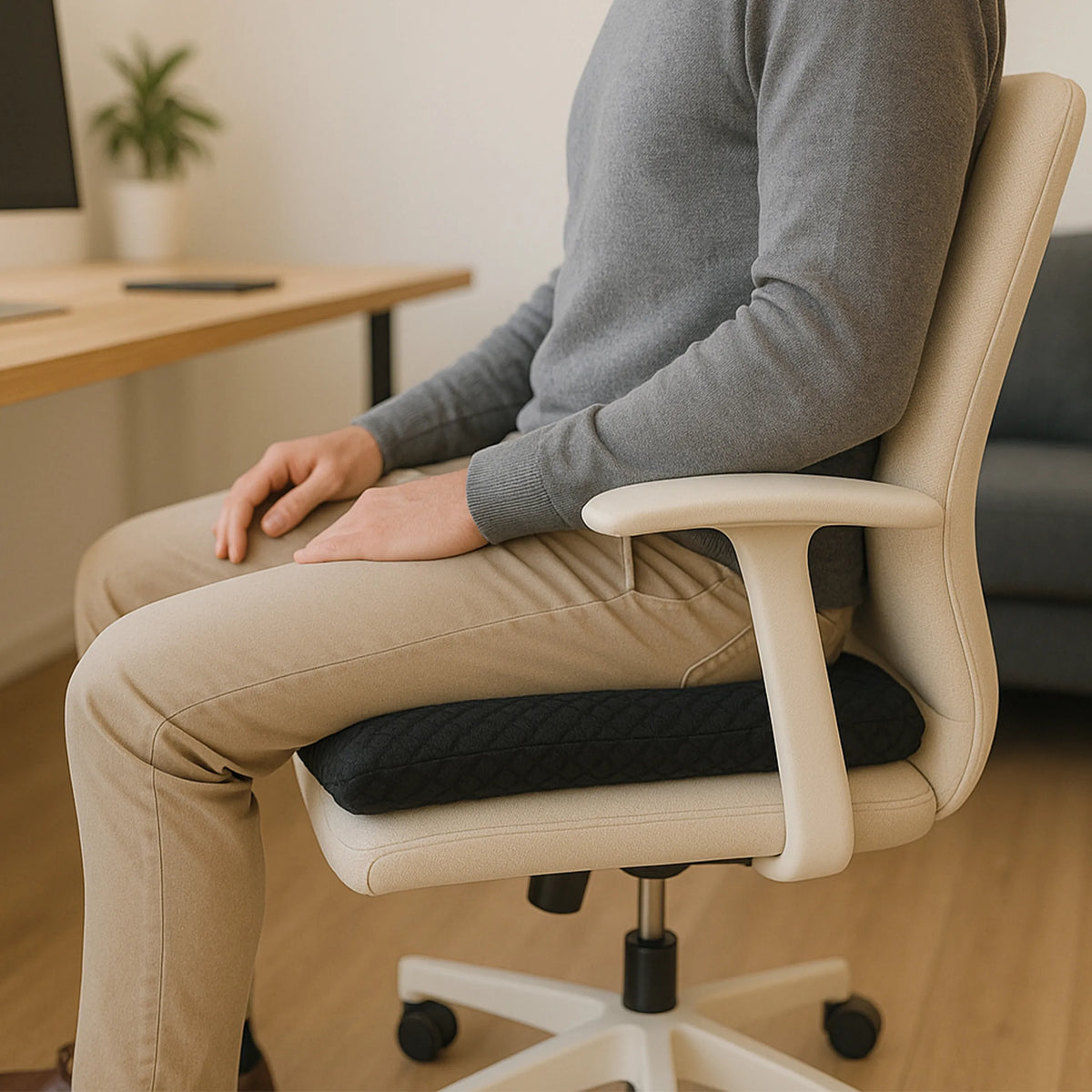 Cojín del asiento MEDISIT I negro sobre el asiento de una silla de oficina clara de hjh OFFICE