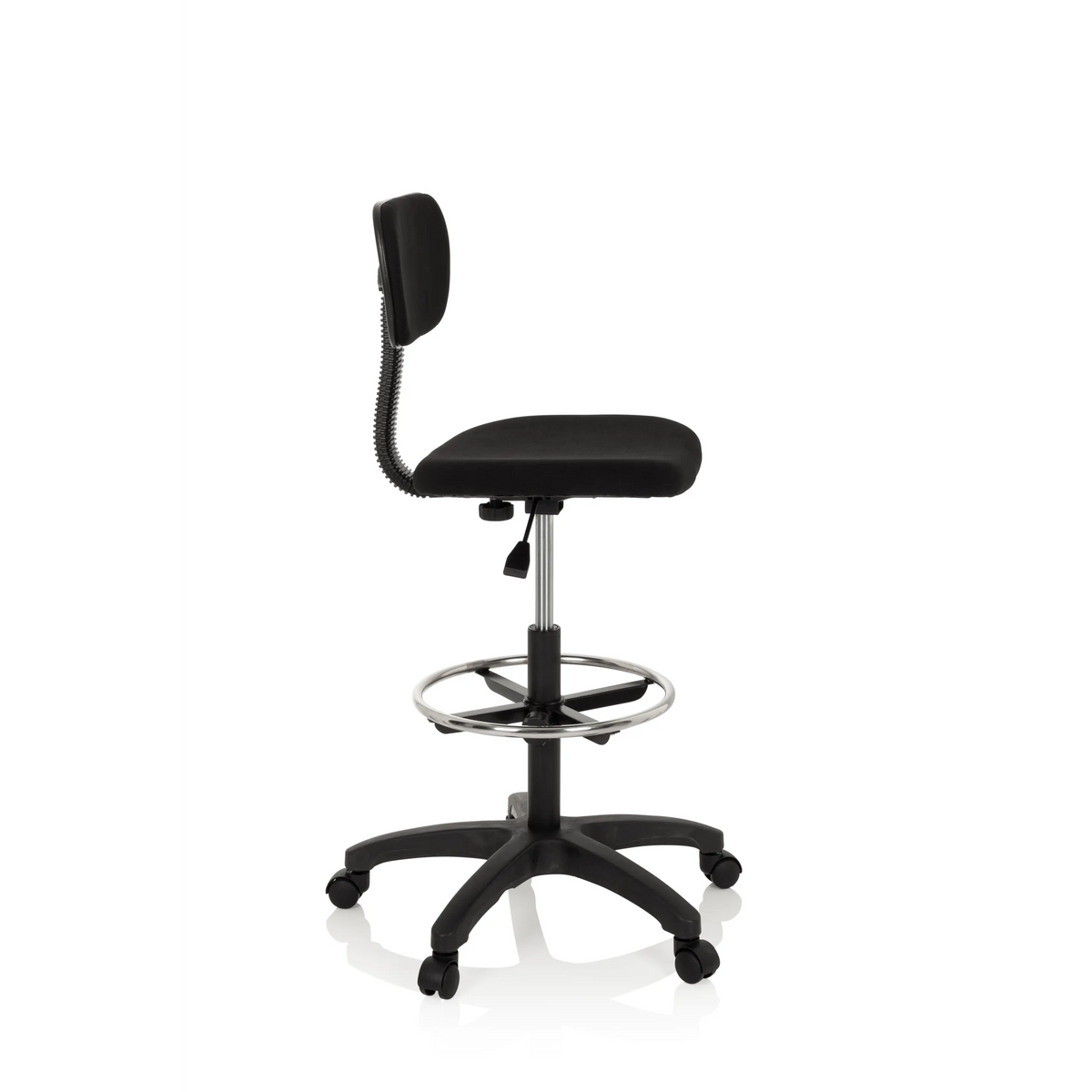 Silla de mostrador TOP WORK 05 negra con reposapiés y base de cinco ruedas de hjh OFFICE – vista de 360° (vista lateral 80°)