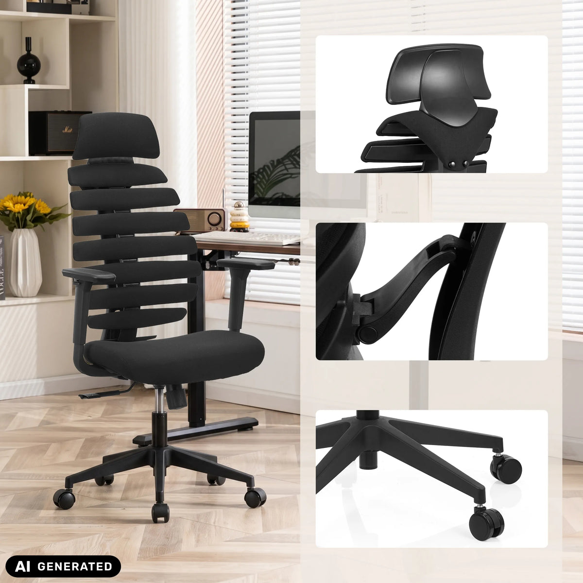 Silla de oficina profesional ERGO LINE ECO en color negro con vistas detalladas de hjh OFFICE (imagen generada por IA)